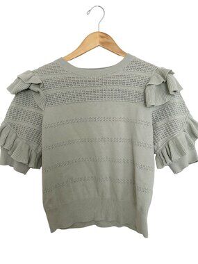 Calligraphie Knit Sweater Top M Sage Green Ruffle Sleeve Pointelle Cottagecore